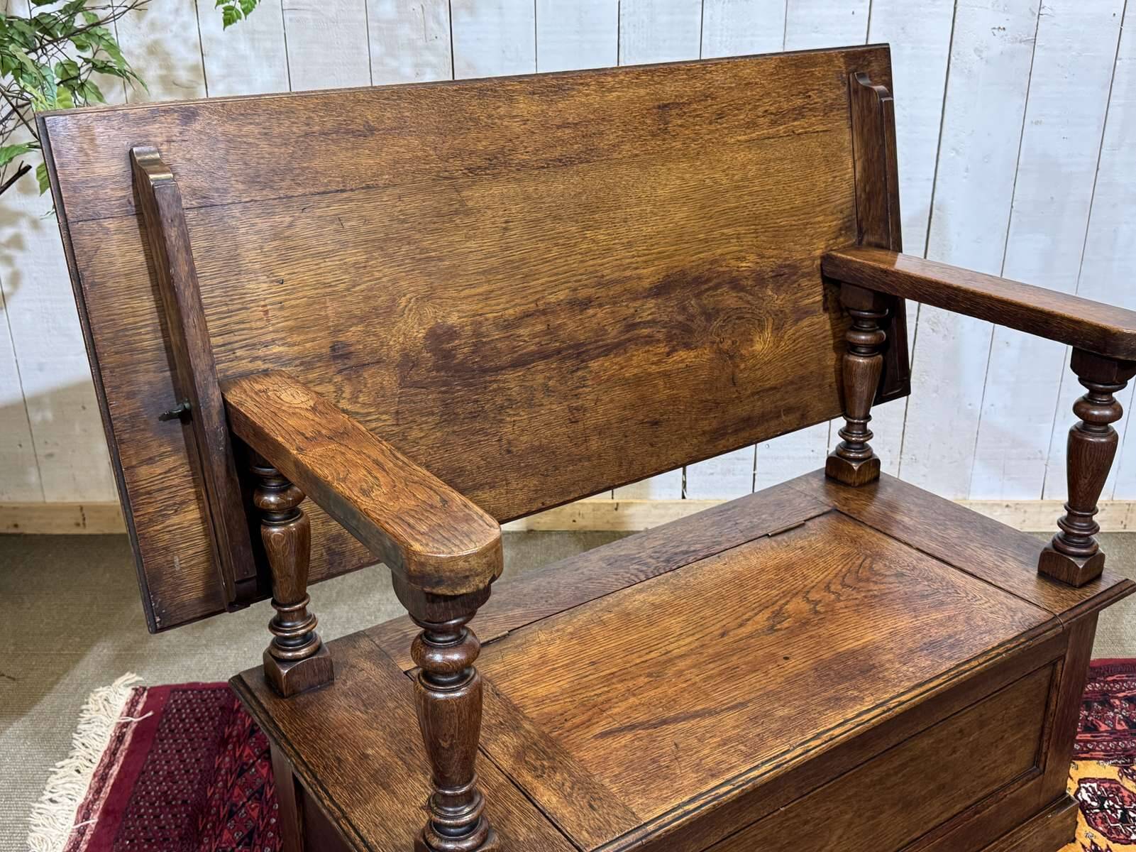 English oak bank safe from the 1930s that can serve as a console.