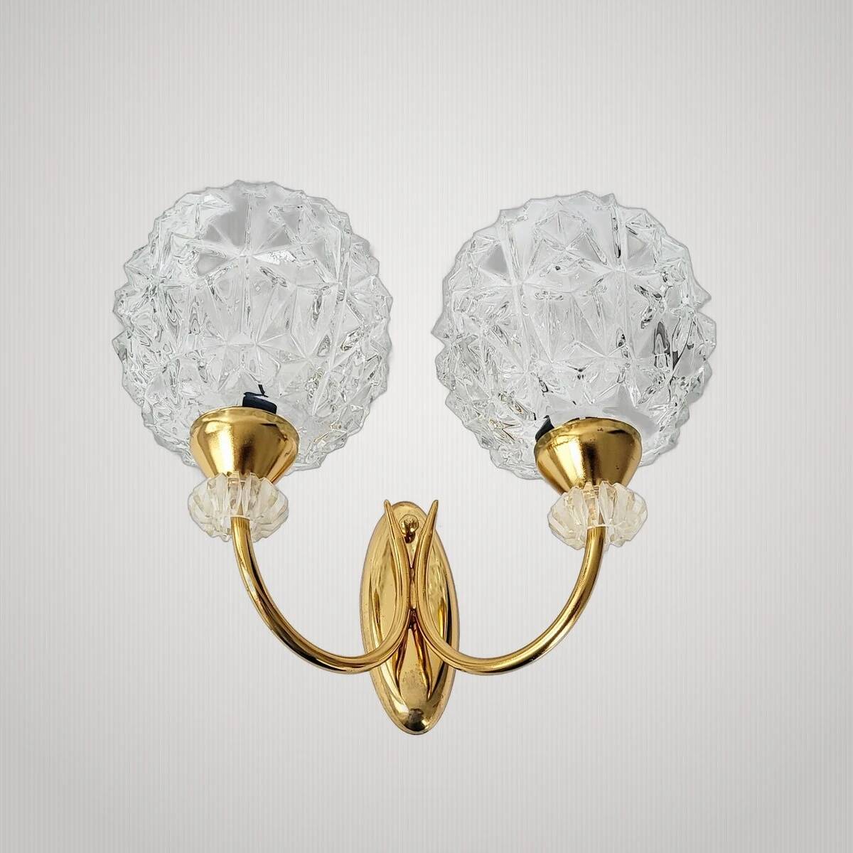 Vintage 1950s wall light, Arlus house, glass, plexiglass, gilded brass, 50s.