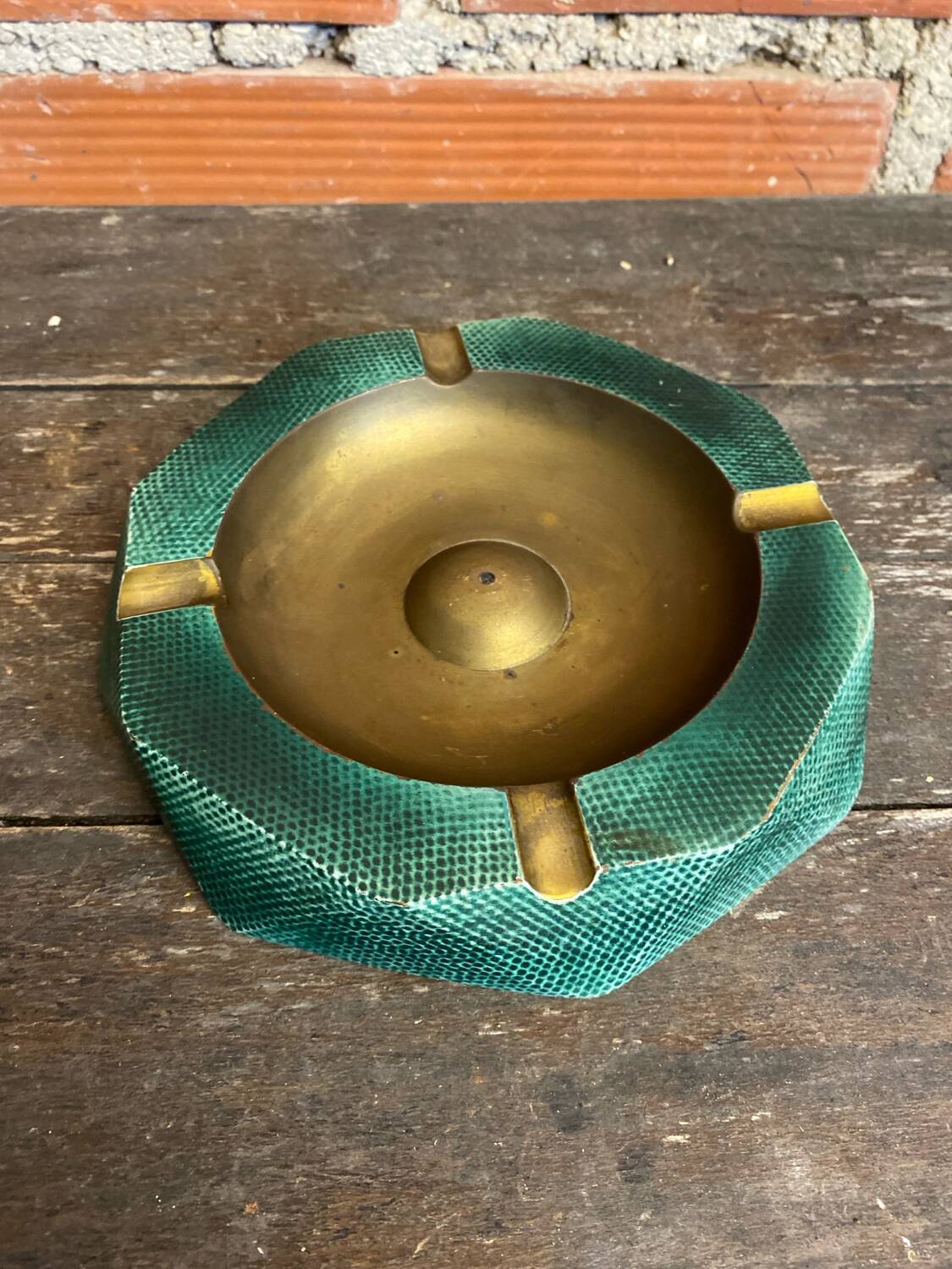 Vintage Green Metal Octagonal Ashtray + Brass