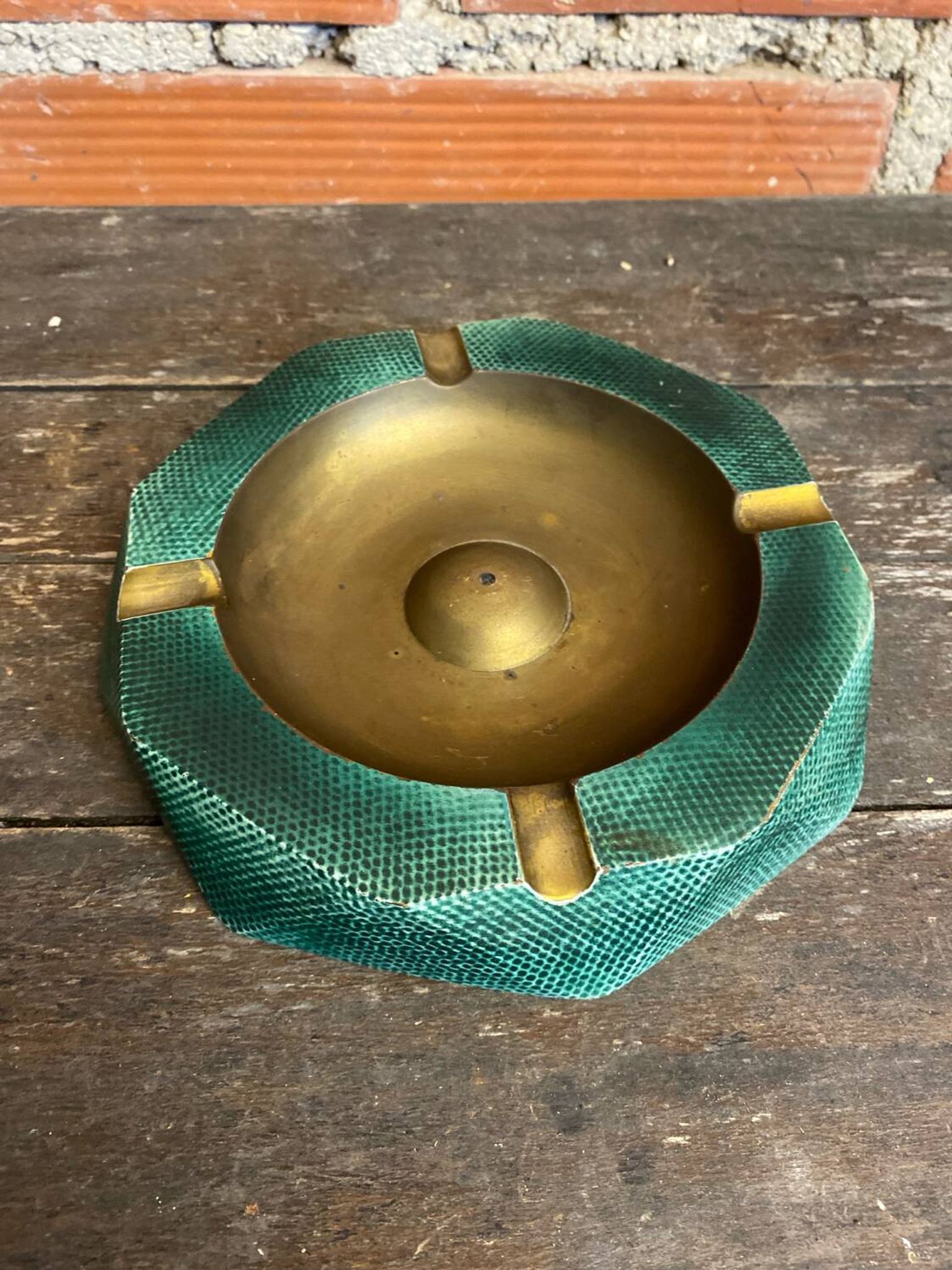 Vintage Green Metal Octagonal Ashtray + Brass