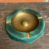 Vintage Green Metal Octagonal Ashtray + Brass
