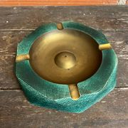 Vintage Green Metal Octagonal Ashtray + Brass