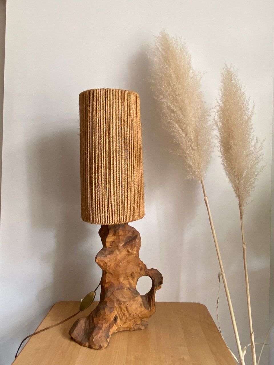 Brutalist style lamp, raw wood and rope