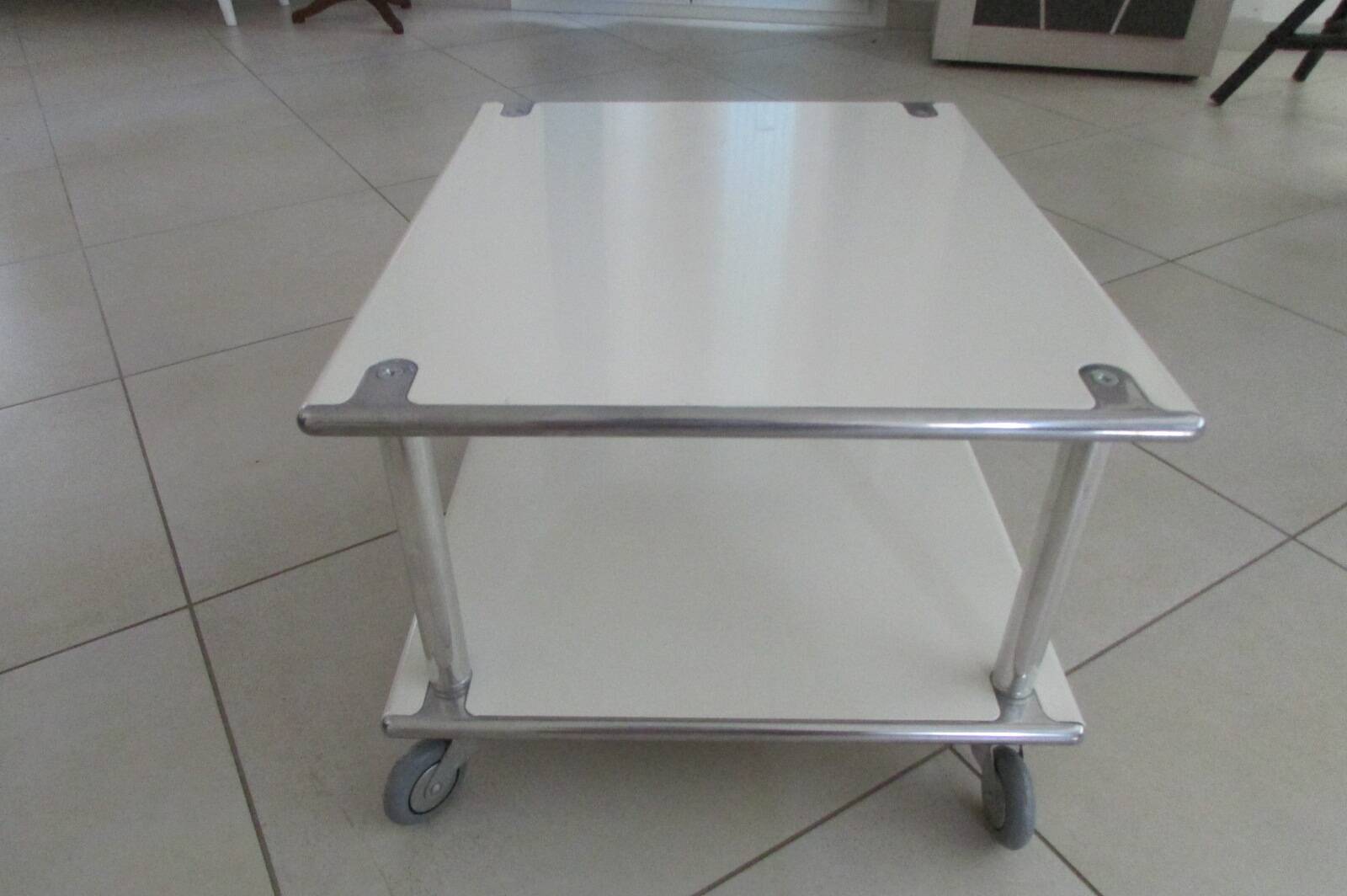 "Space Age" coffee table in white lacquered steel. Double tops. France, Circa