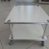 "Space Age" coffee table in white lacquered steel. Double tops. France, Circa