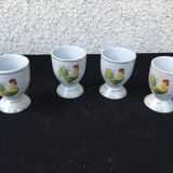 set of 4 vintage rooster hen egg cups in white enameled porcelain