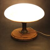 1940s Restored Brass Table Lamp with Wooden Base and Glass Shade