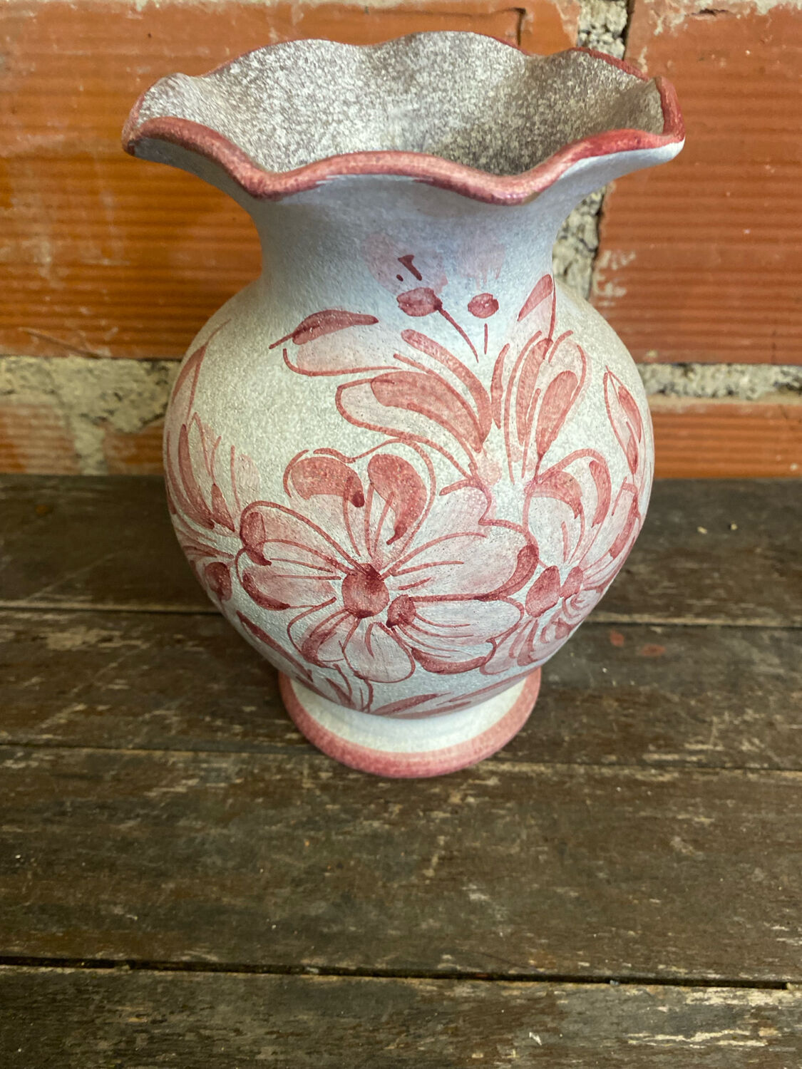 Vintage White Ceramic Vase with Pink Flower Decoration Made in Italy
