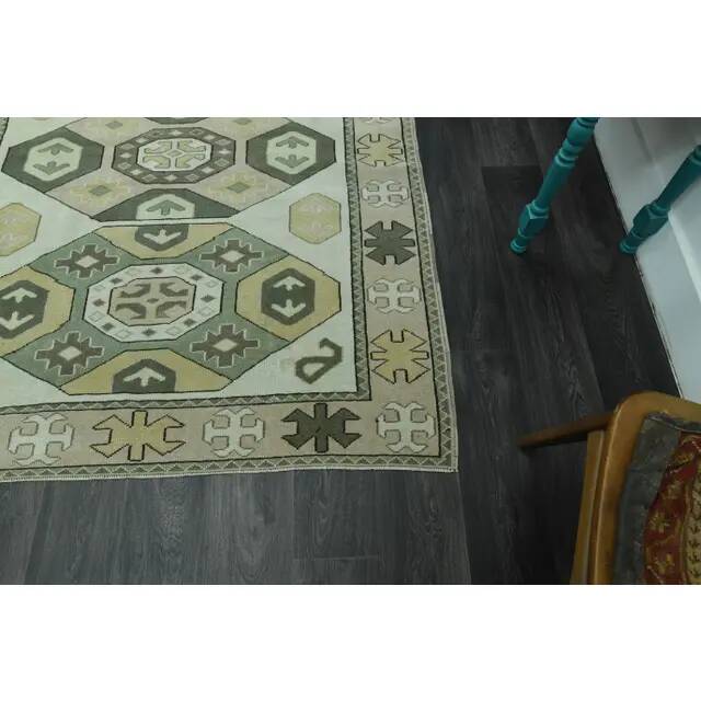 1970s vintage Turkish Oushak handmade wool cotton green area rug 164x207