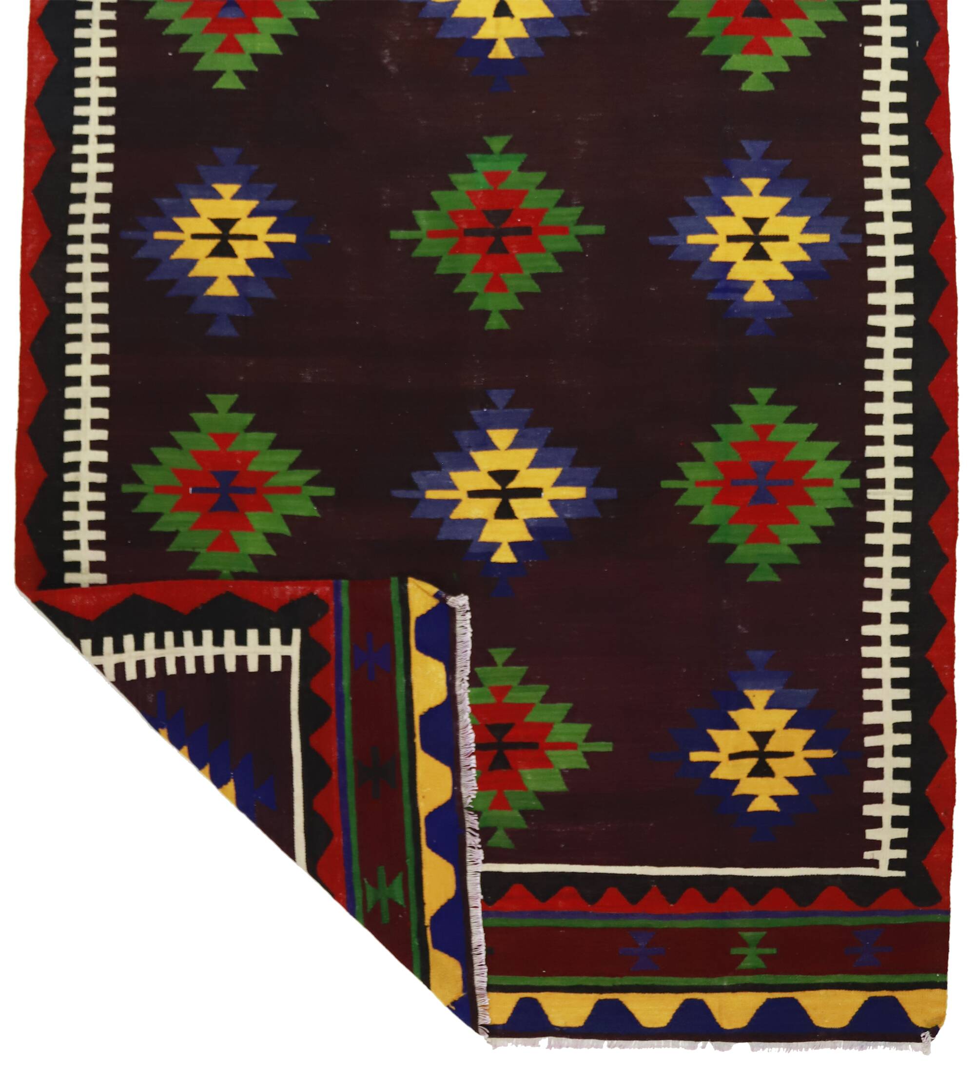 Turkish Kilim Yuruk Vintage 173x342 cm Geometric Red Green Yellow