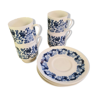 Lot de 4 tasses et sous-tasses en porcelaine seventies melitta modèle hambourg fleurs bleues