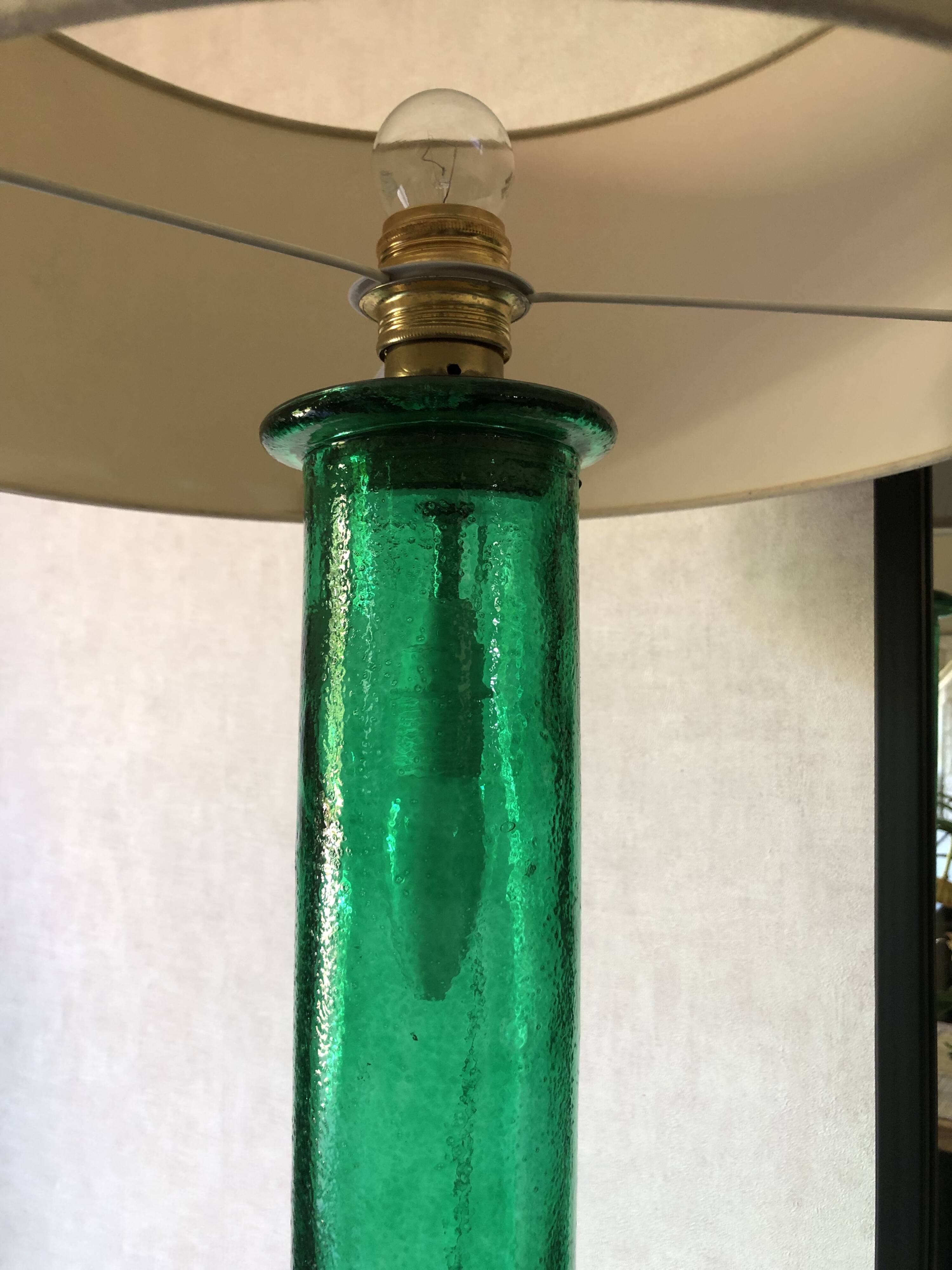 Retro table lamp with glass base and crocodile effect leather shade.