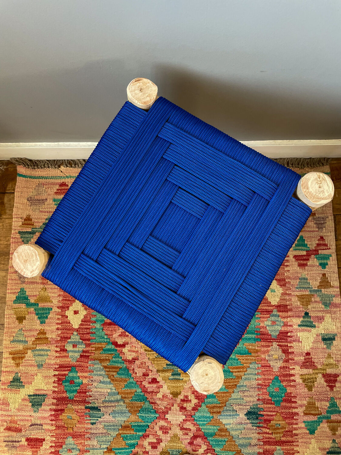 Moroccan stool beldi seated blue Majorelle