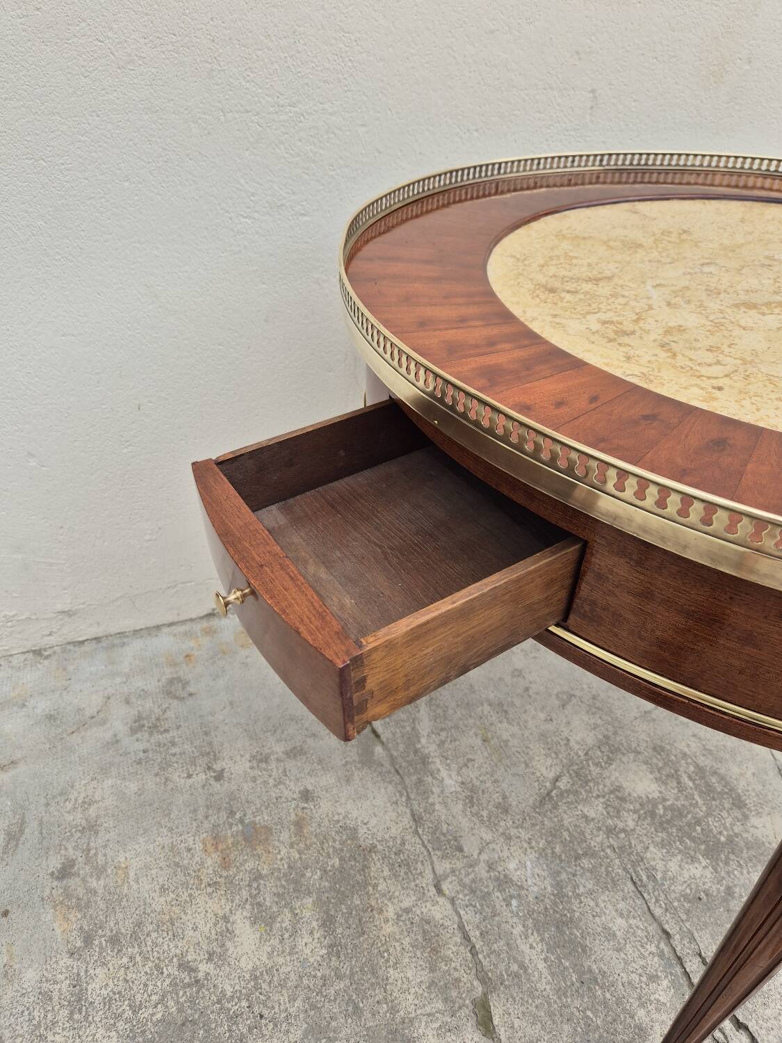 Louis XVI style mahogany bouillotte table in marquetry and bronze