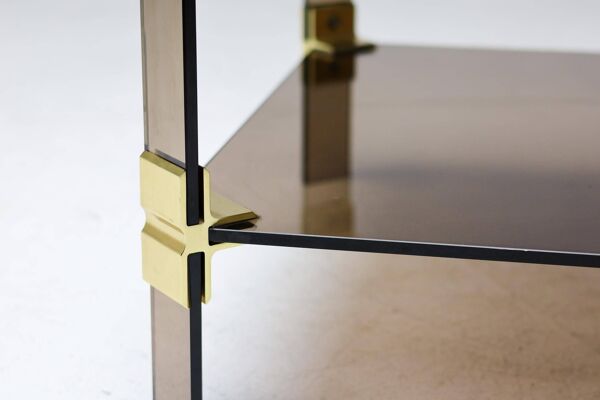 Table basse Hollywood Regency en laiton et verre fumé table basse chique à deux niveaux