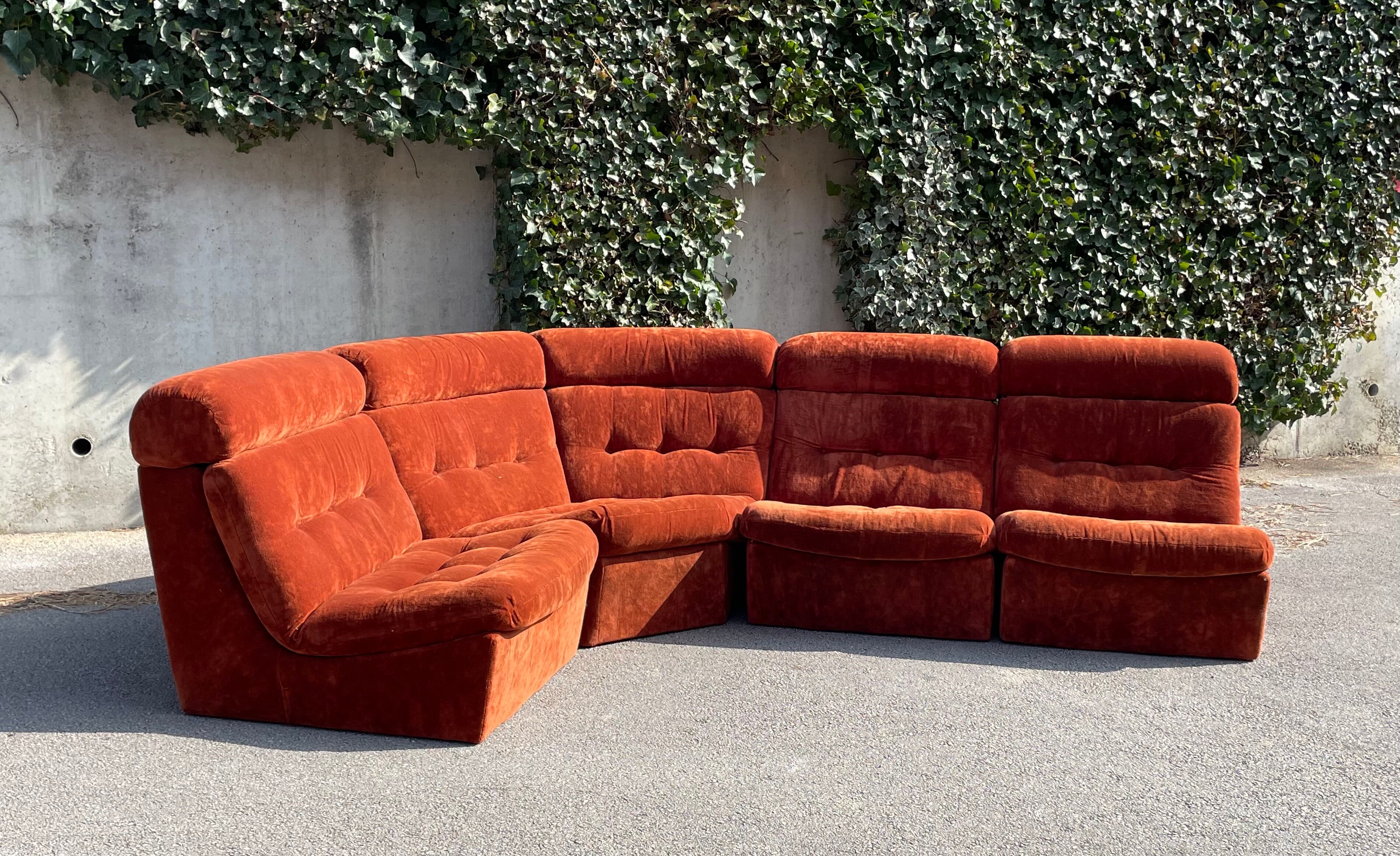 Modular sofa in rusty velvet, France 1970s