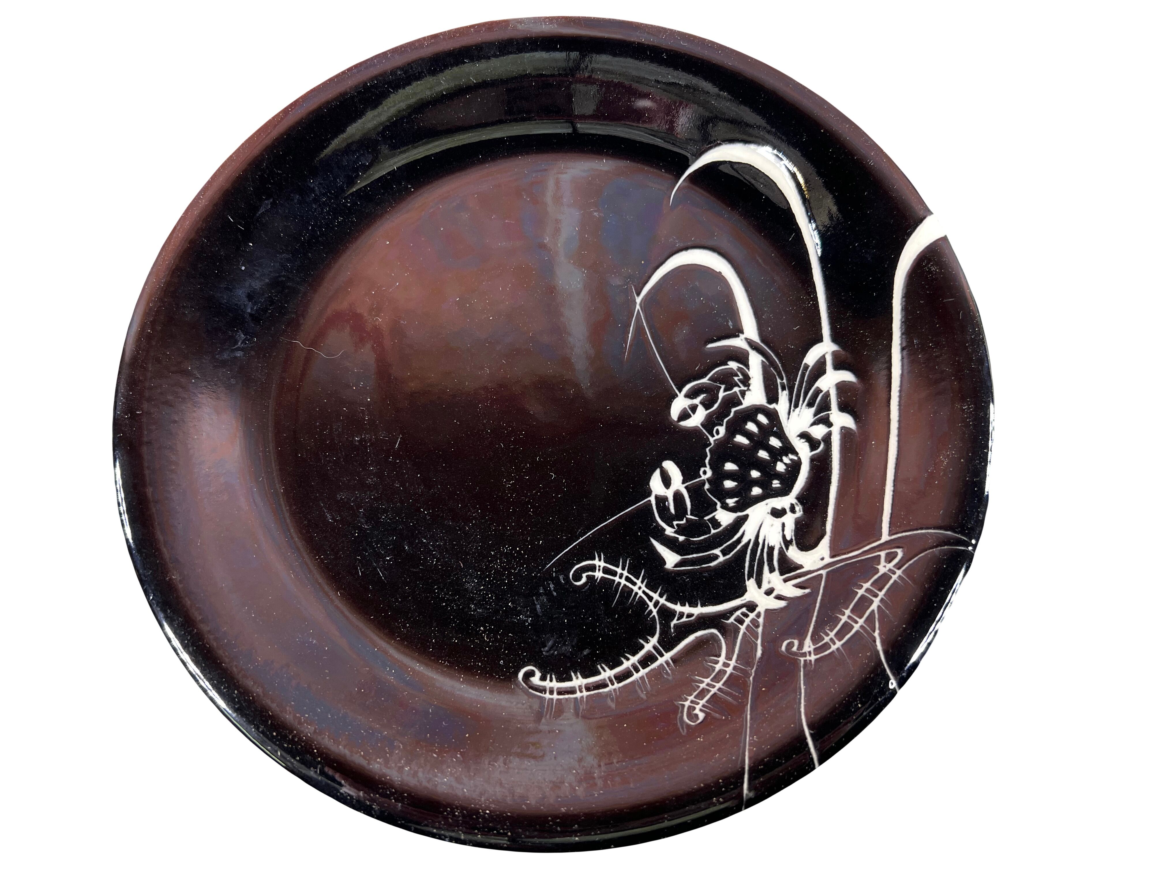 Fish service Vallauris 13 pieces black lacquer fish decor 1950s
