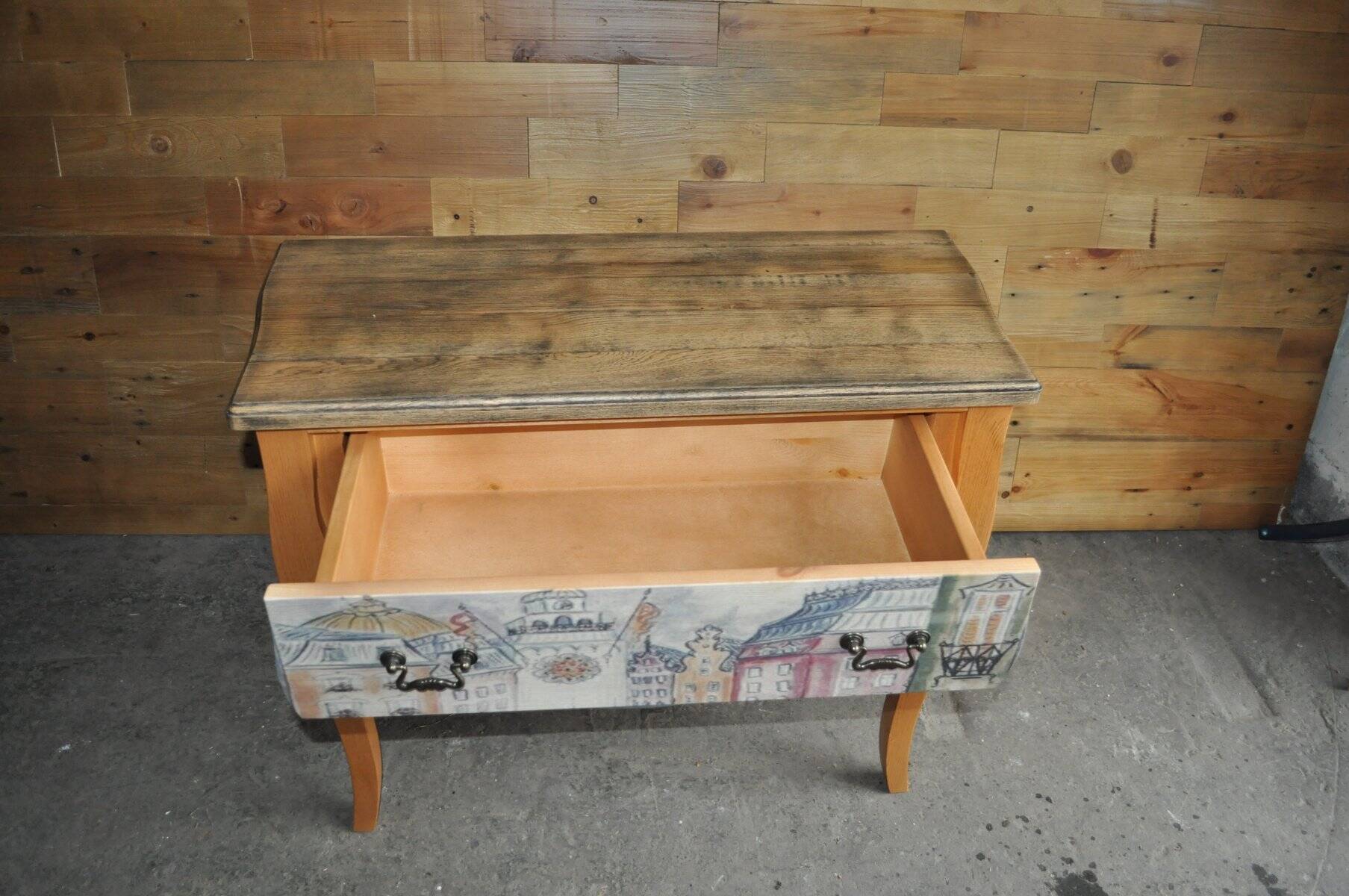Baroque commode in multicoloured painted wood and black patinated oak with a photo of 'Paris'