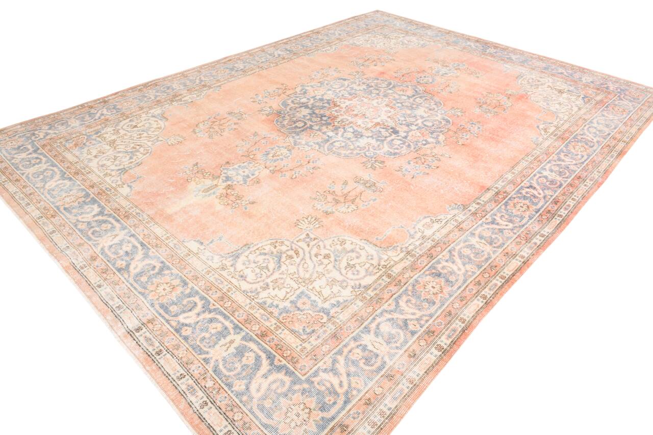 8x12 Classic Pattern Peach & Blue Vintage Rug, 258x357Cm