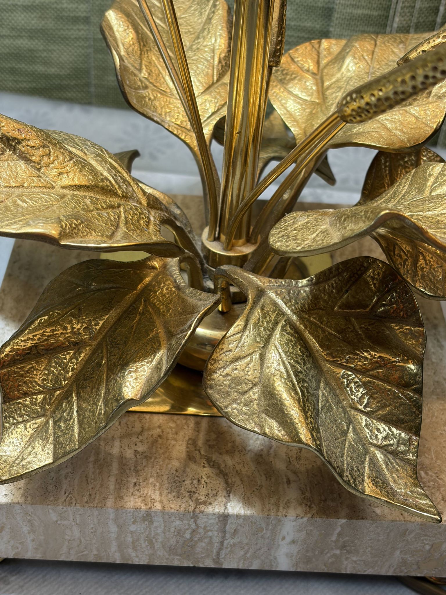 Bronze and travertine water lily lamp attributed to Maison Charles, circa 1970.