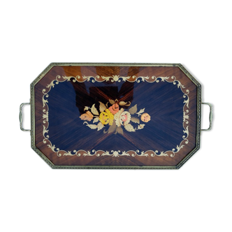 Plateau marqueté et laiton vintage