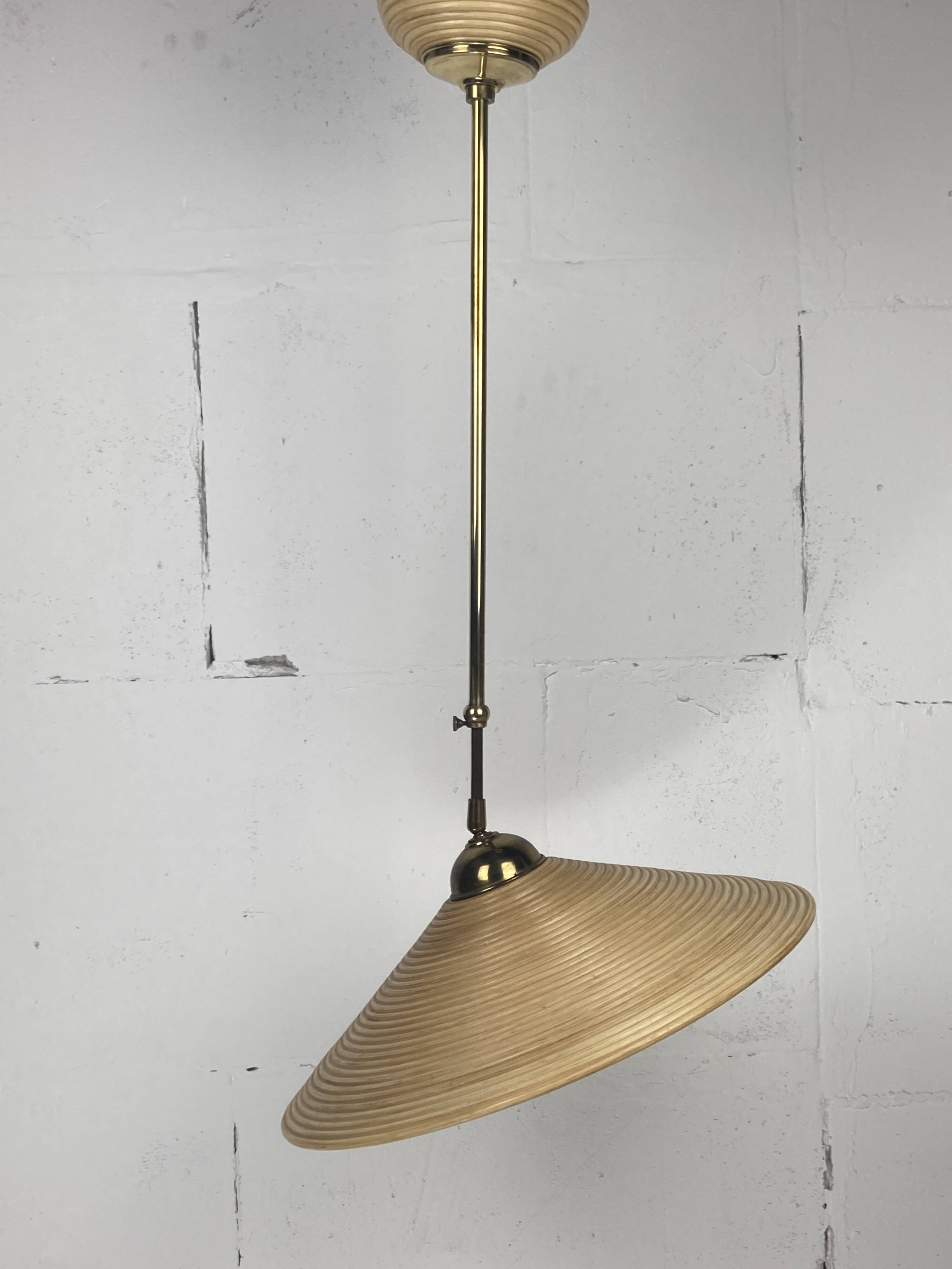 Telescopic brass and pencil reed rattan bamboo hanging pendant lamp, Italy 1970s