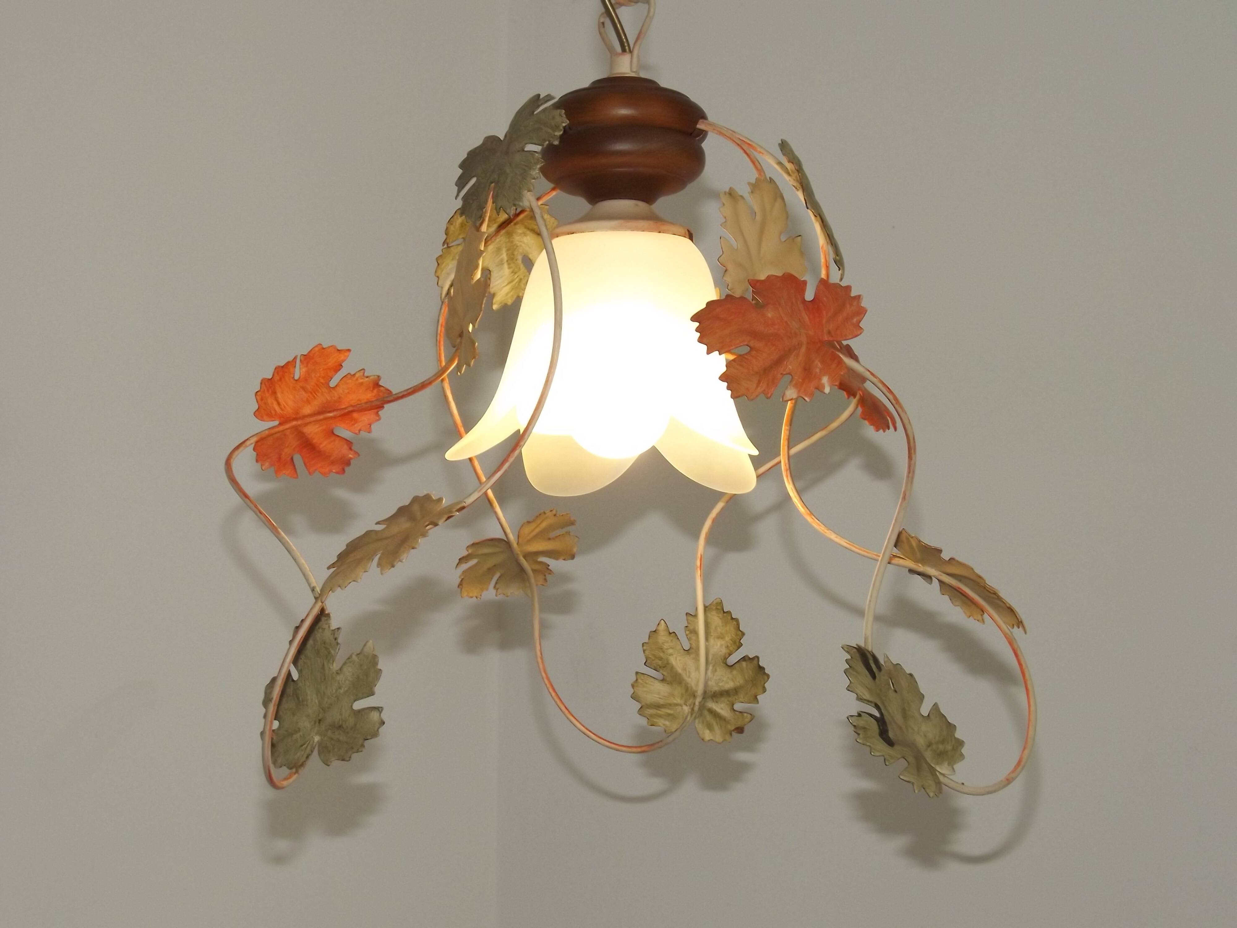 French Vintage Leaf Metal and Wood Hanging Light Textured Glass Shade