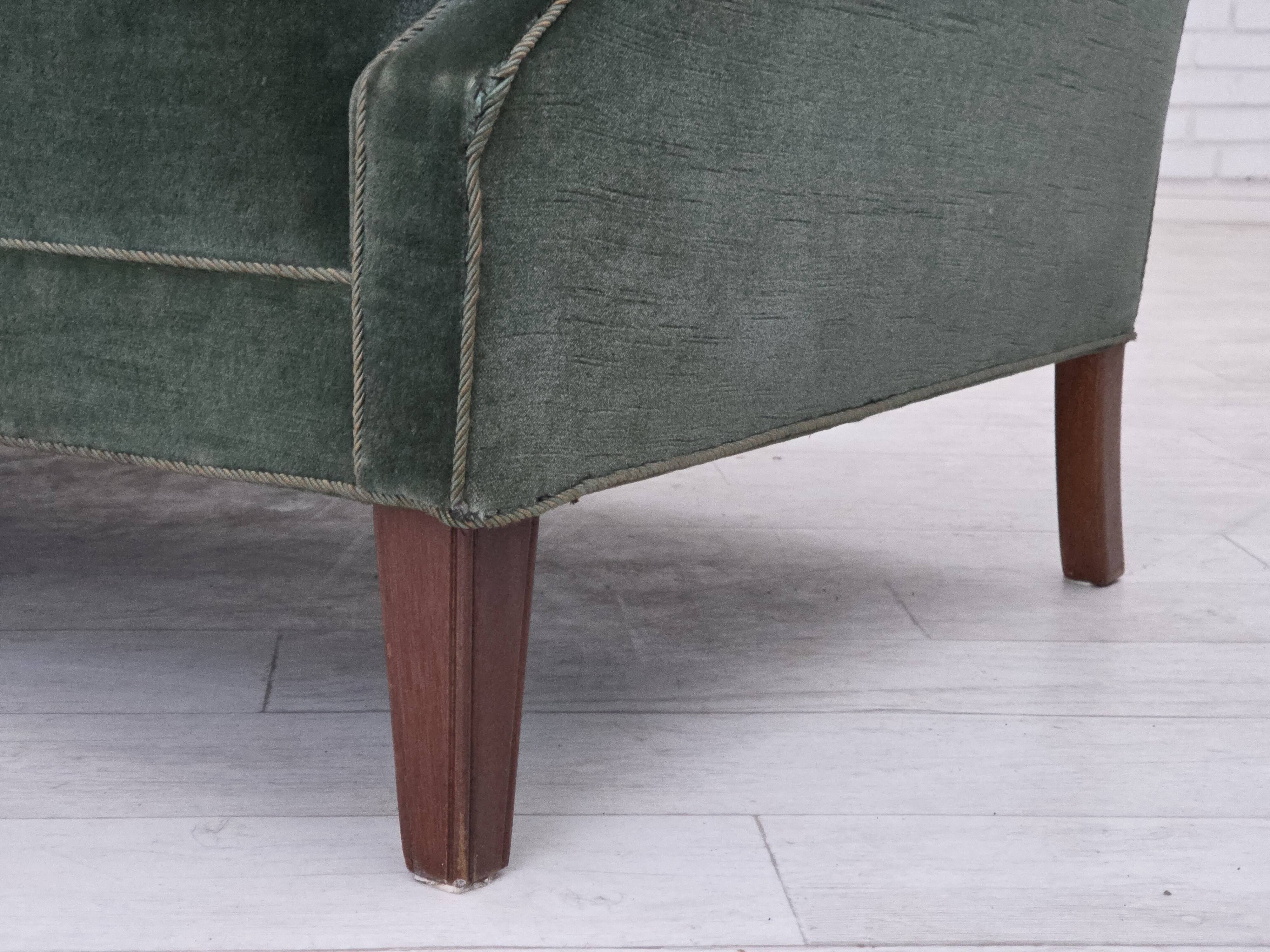 1960s, Danish 3-seater sofa, original turquoise-green furniture velour.