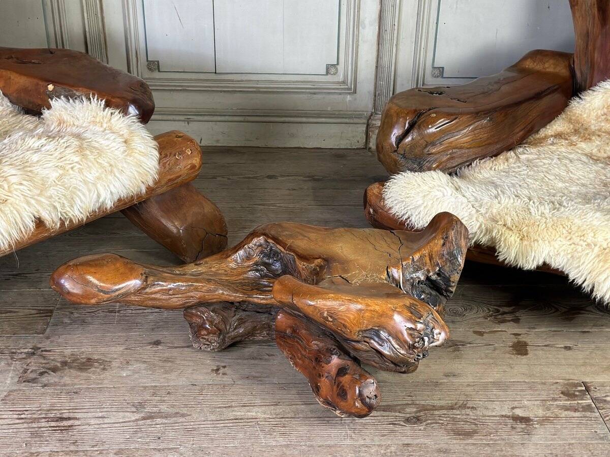 Pair of armchairs and a footstool made of root wood, circa 1970