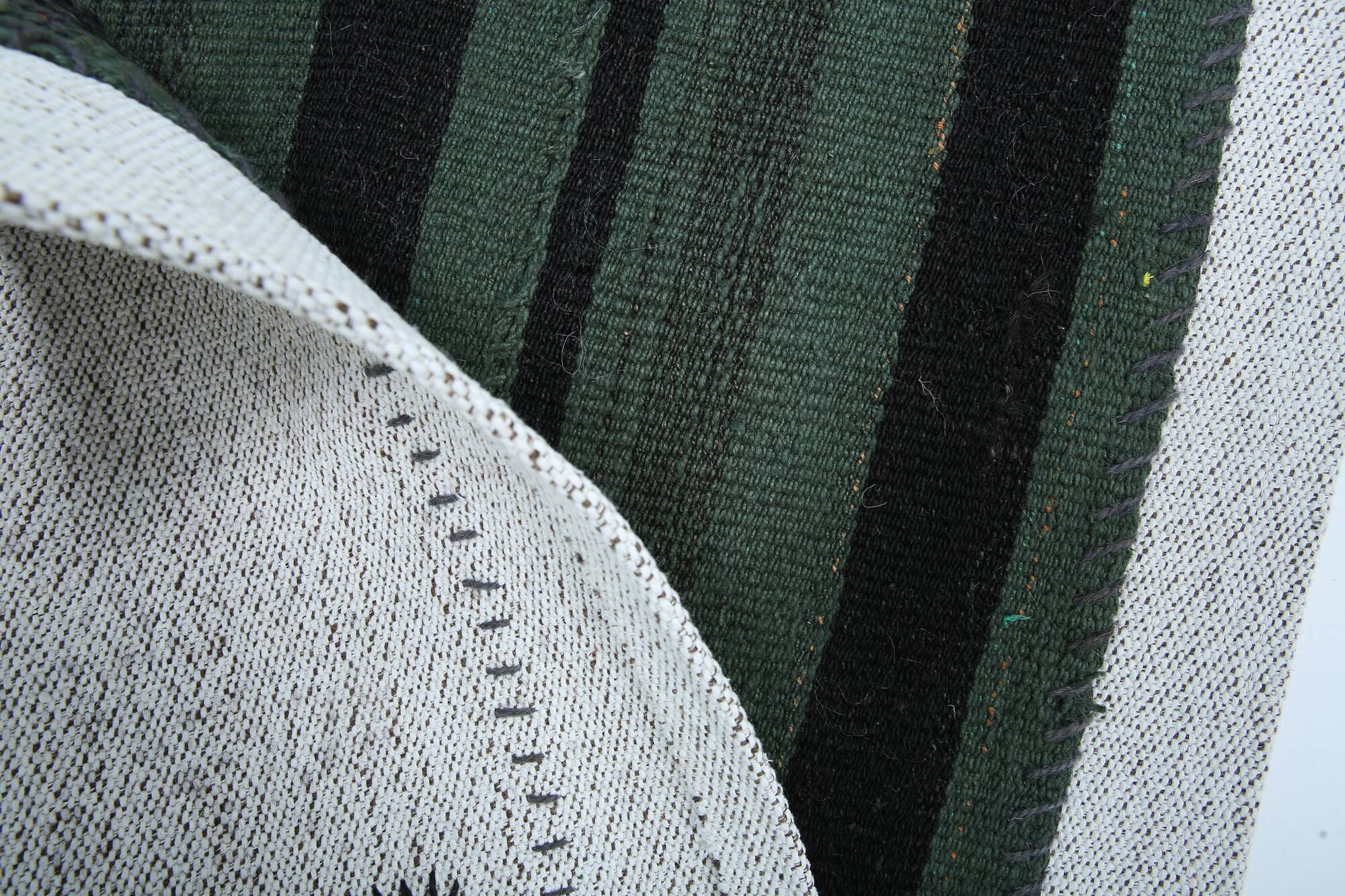 Turkish Green Black Striped Vintage Kilim Rug, 81x163Cm