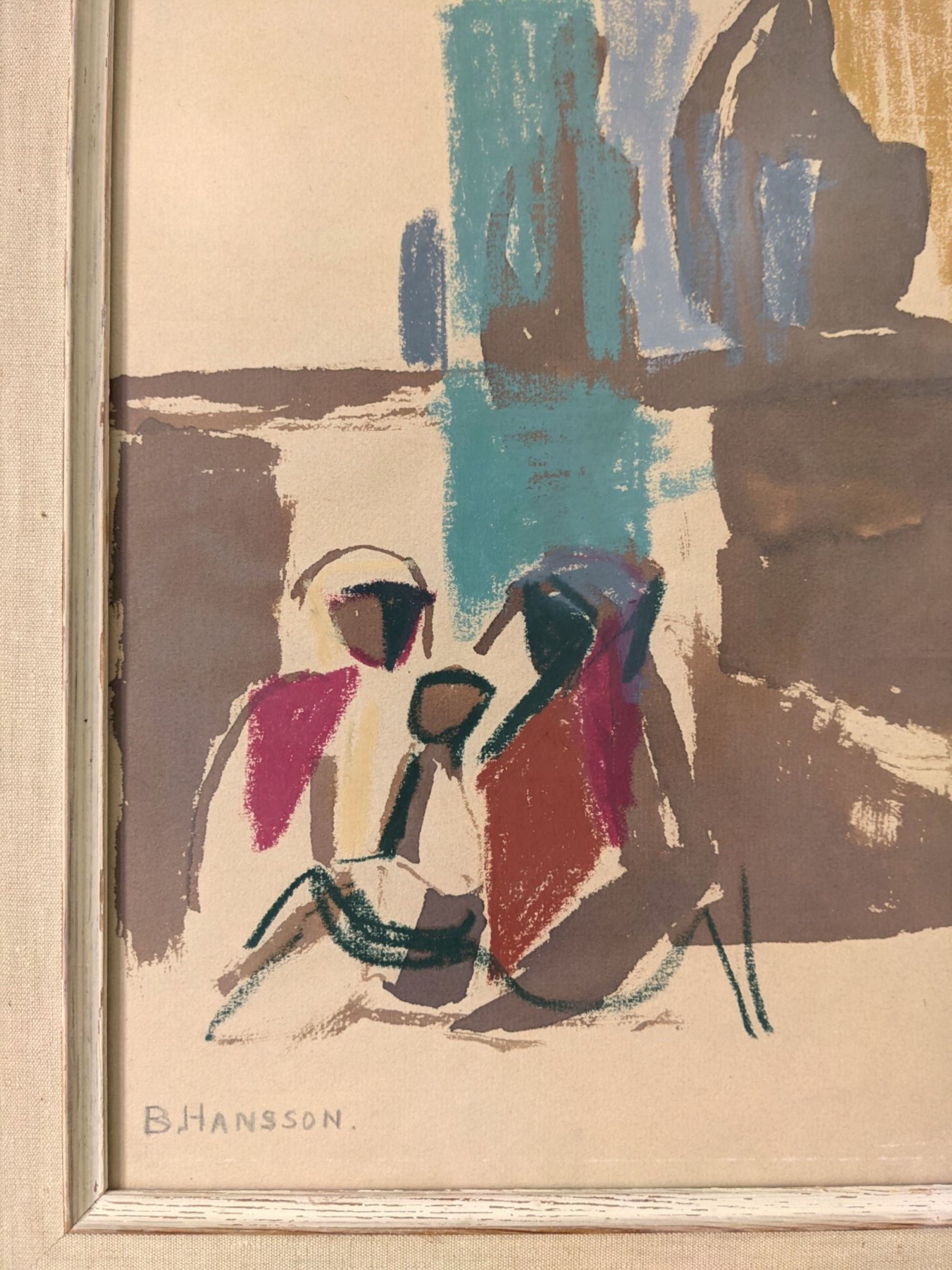 Mid-Century Modern Swedish "Seated Figures" Vintage Figurative Painting, Framed