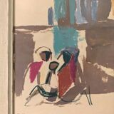 Mid-Century Modern Swedish "Seated Figures" Vintage Figurative Painting, Framed
