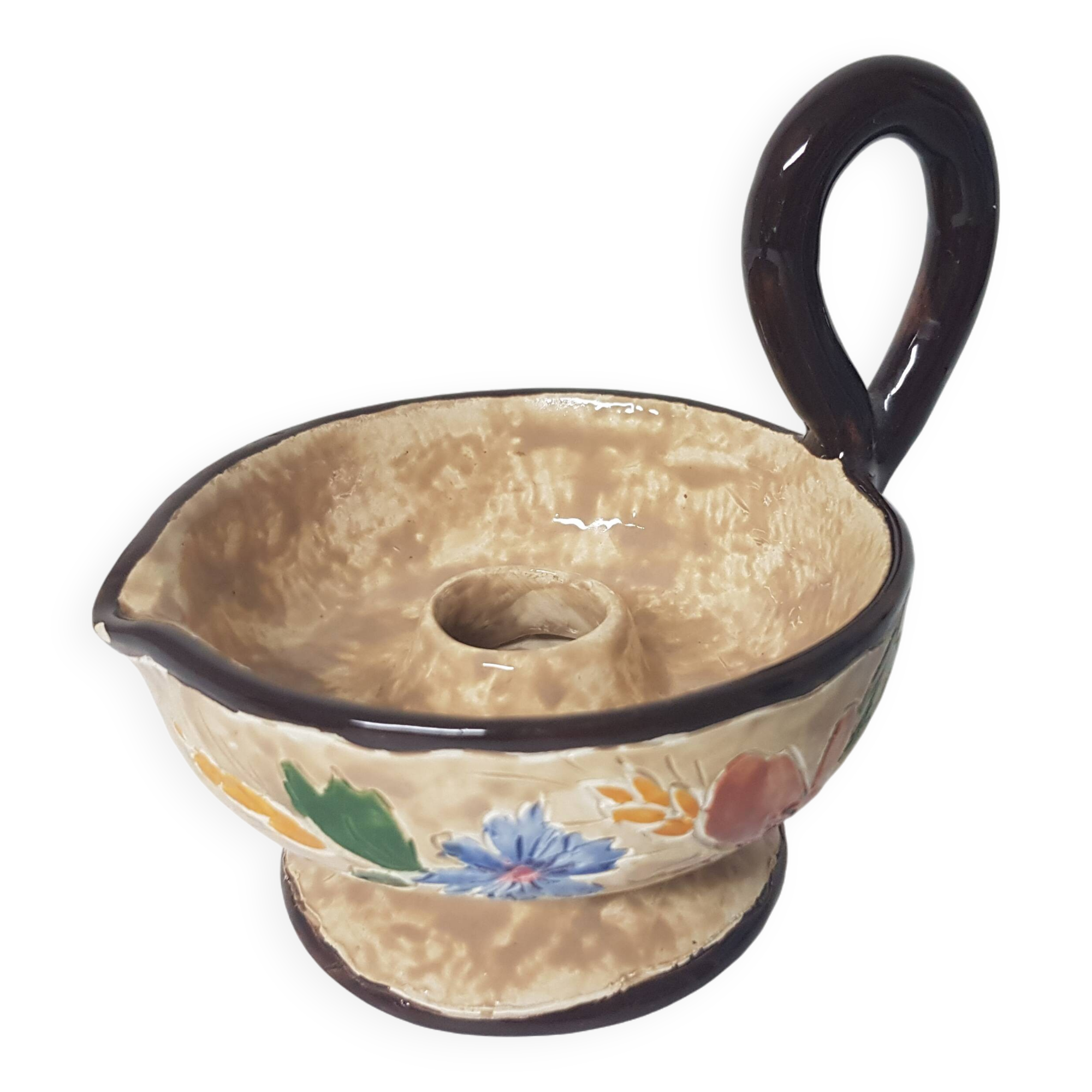 Floral motif ceramic candle holder signed J Massier Vallauris