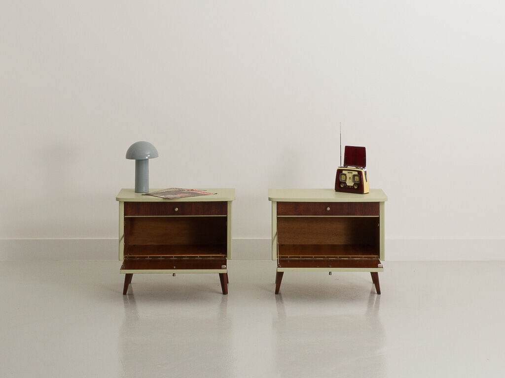 Pair of vintage bedside tables completely restyled in pale green on solid beech compass legs