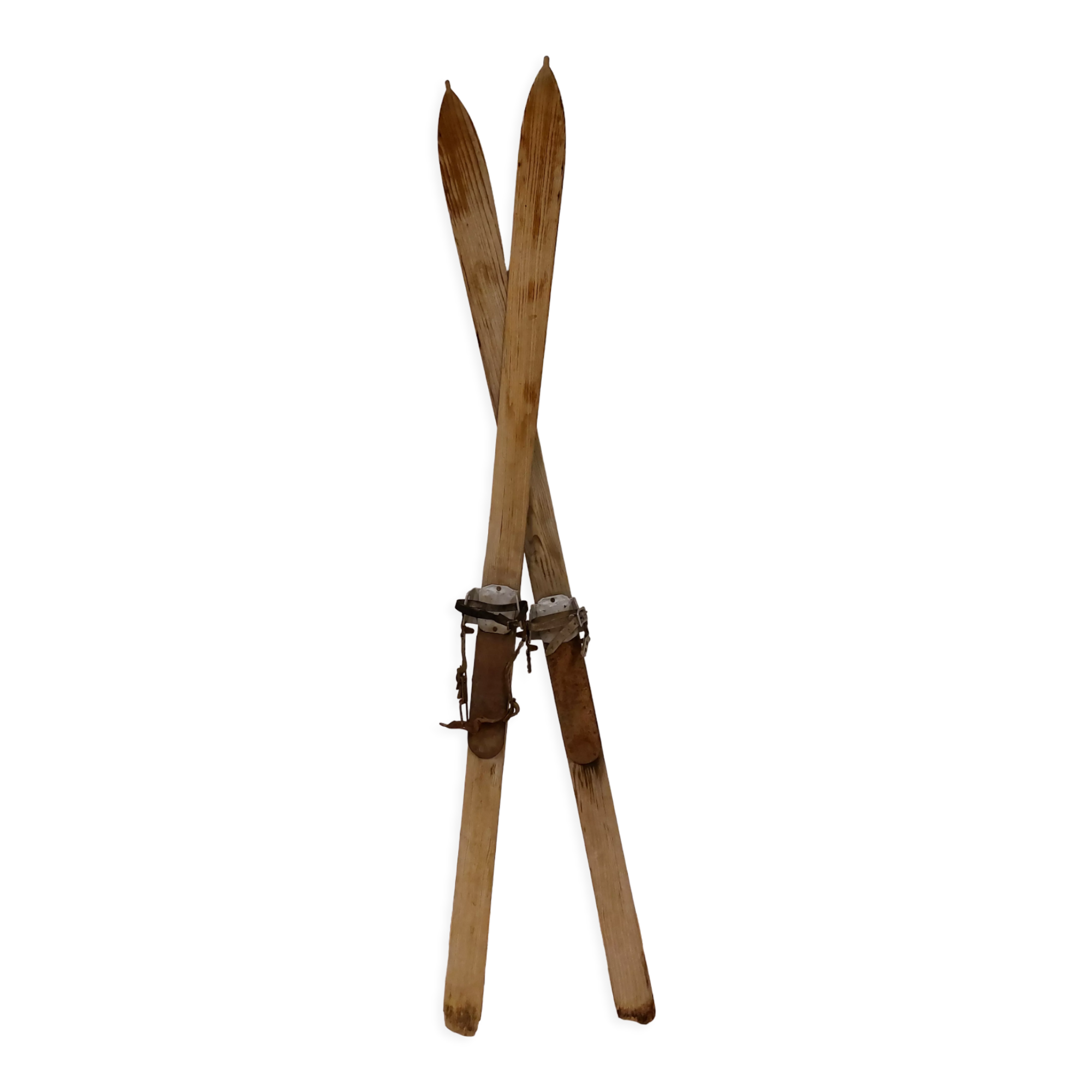 Pair of old skis in wood and zinc 175 cm