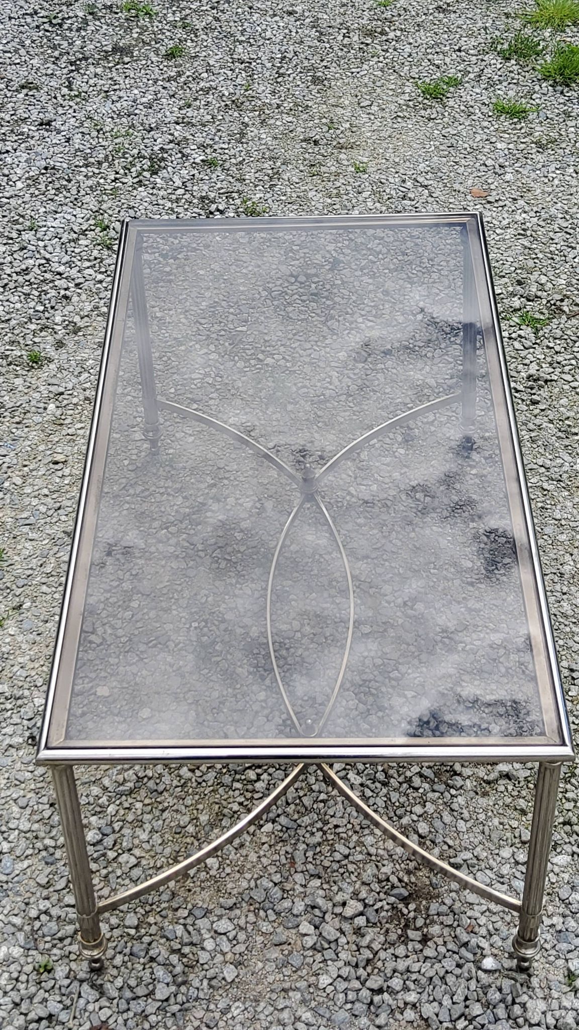 Chrome metal coffee table with smoked glass top in neoclassical style, 1970s.