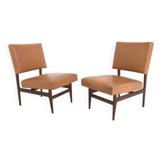 Pair of Vintage Camel Skai Lounge Chairs with Ebonized Wood Frame by Dassi