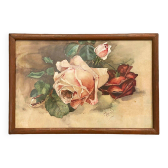 Watercolor by Many still life bouquet of roses early 20th century