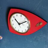 Vintage formica clock silent wall clock asymmetrical "Flash transistor red flower"