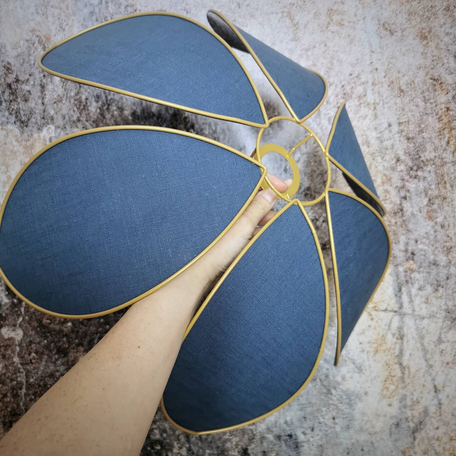 6-petal flower suspension, metal structure, slate blue linen