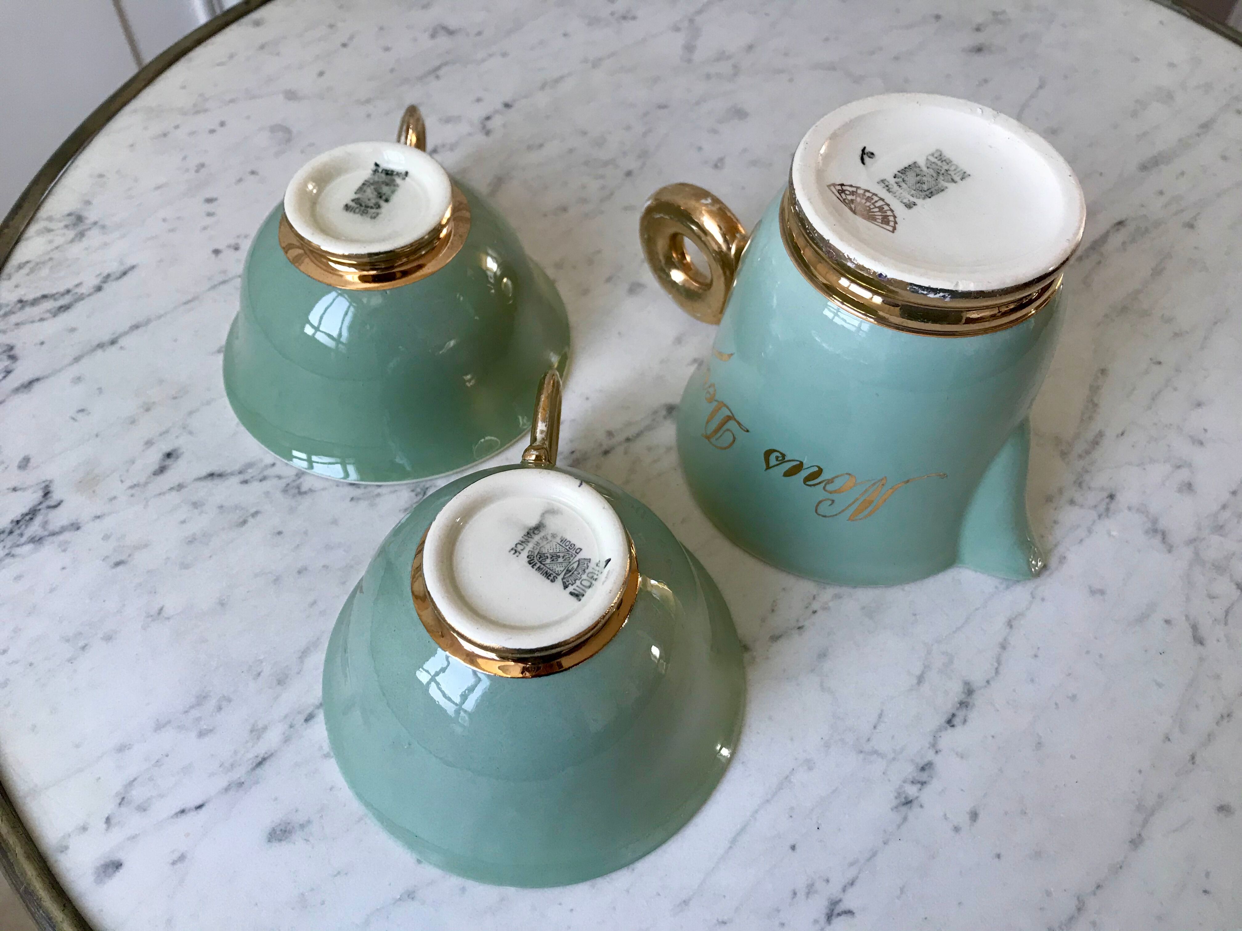 Ensemble de déjeuner et pot à lait toi moi nous deux digoin sarreguemines vert sauge années 50