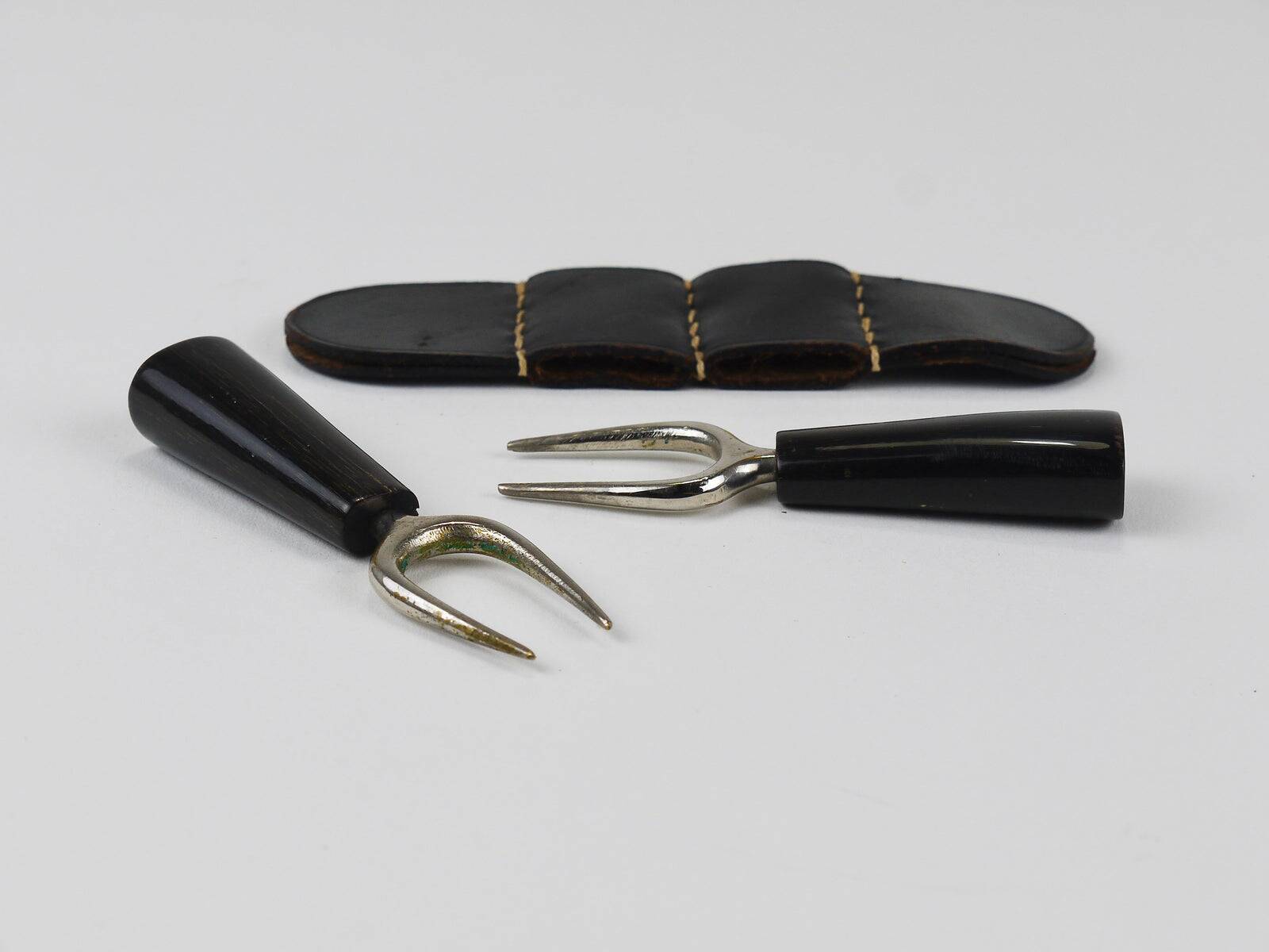 Carl Aubock Pair Forks, Horn, Brass, Leather Holder, Corn Cob Skewers 1930s