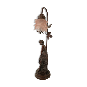 Lamp statue woman in regulates and glass pink tulip art nouveau style