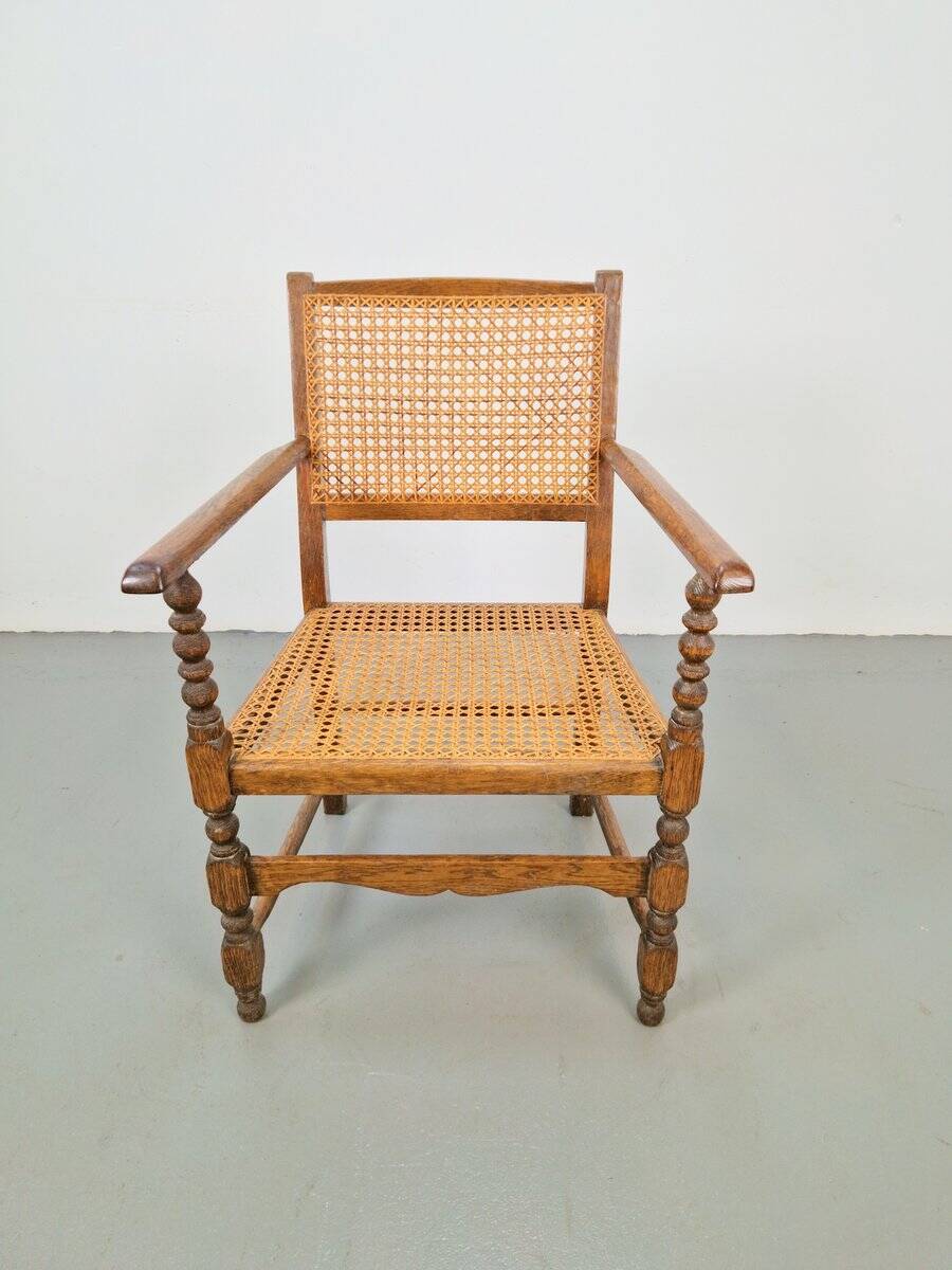 Arts & Crafts Dutch Spool Chair in Oak and Rattan, 1930s