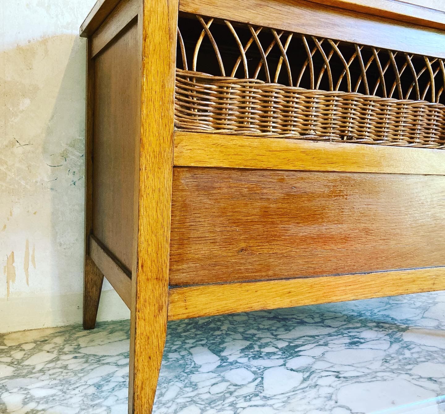 Vintage wooden and rattan toy box