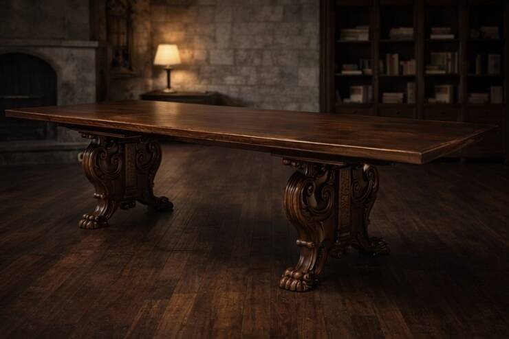 Grand Baroque-Style 11-Piece Dining Suite — Carved Oak & Oak Veneer — Table