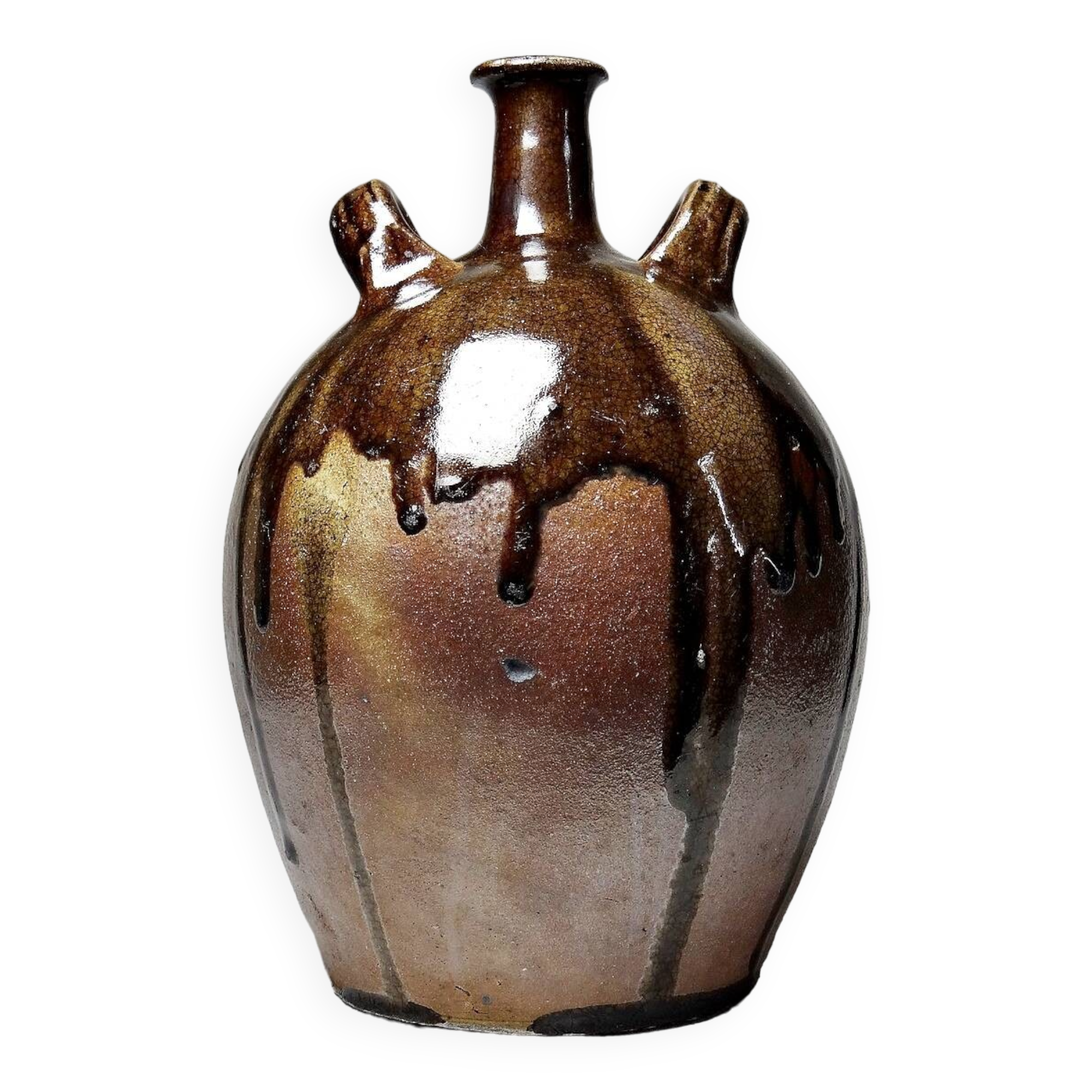 Old stoneware oil jar, glazed and enamelled, 2 handles