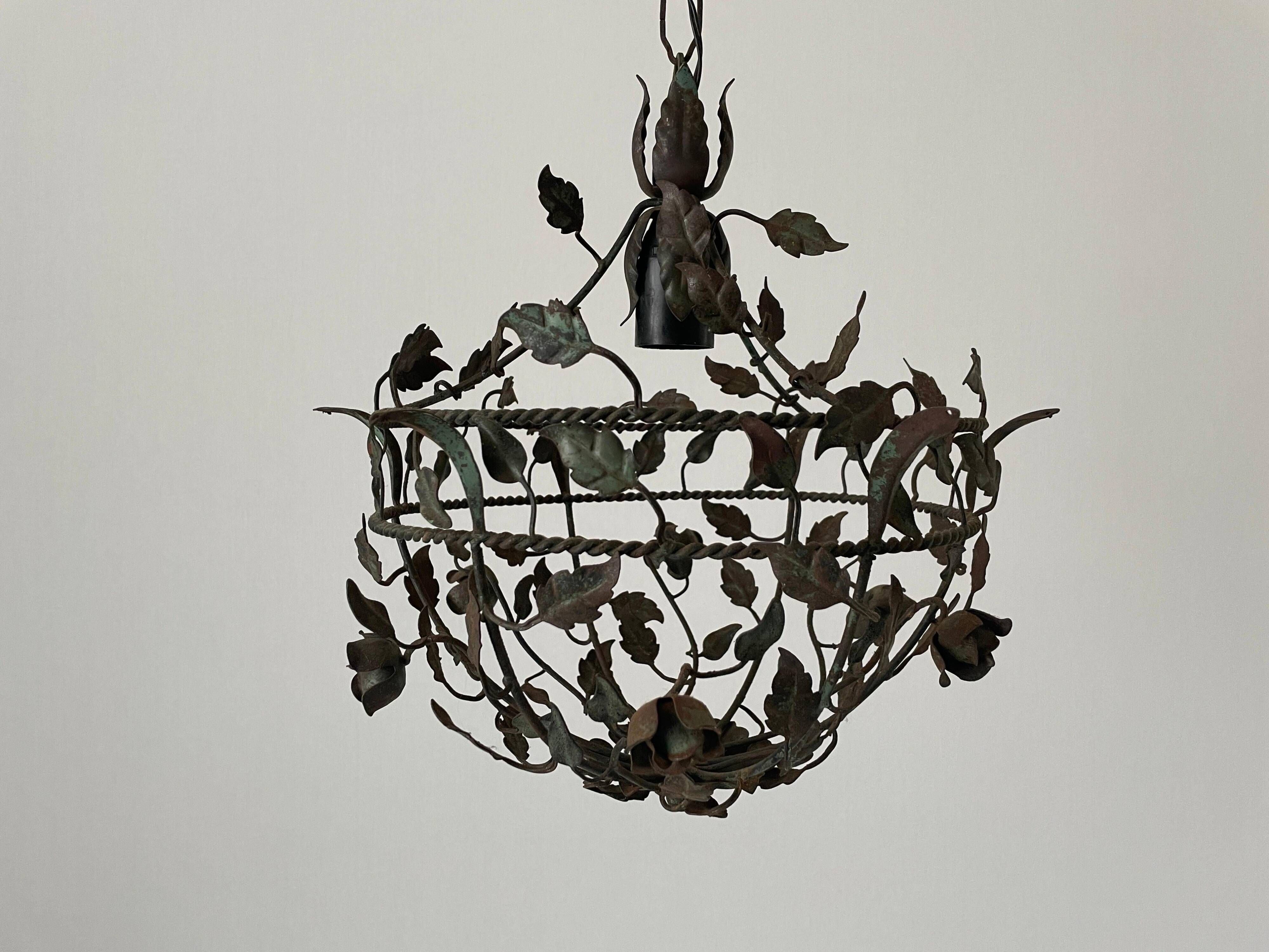 Patinated metal ceiling light with a floral and leaf pattern, 1950s, Italy.