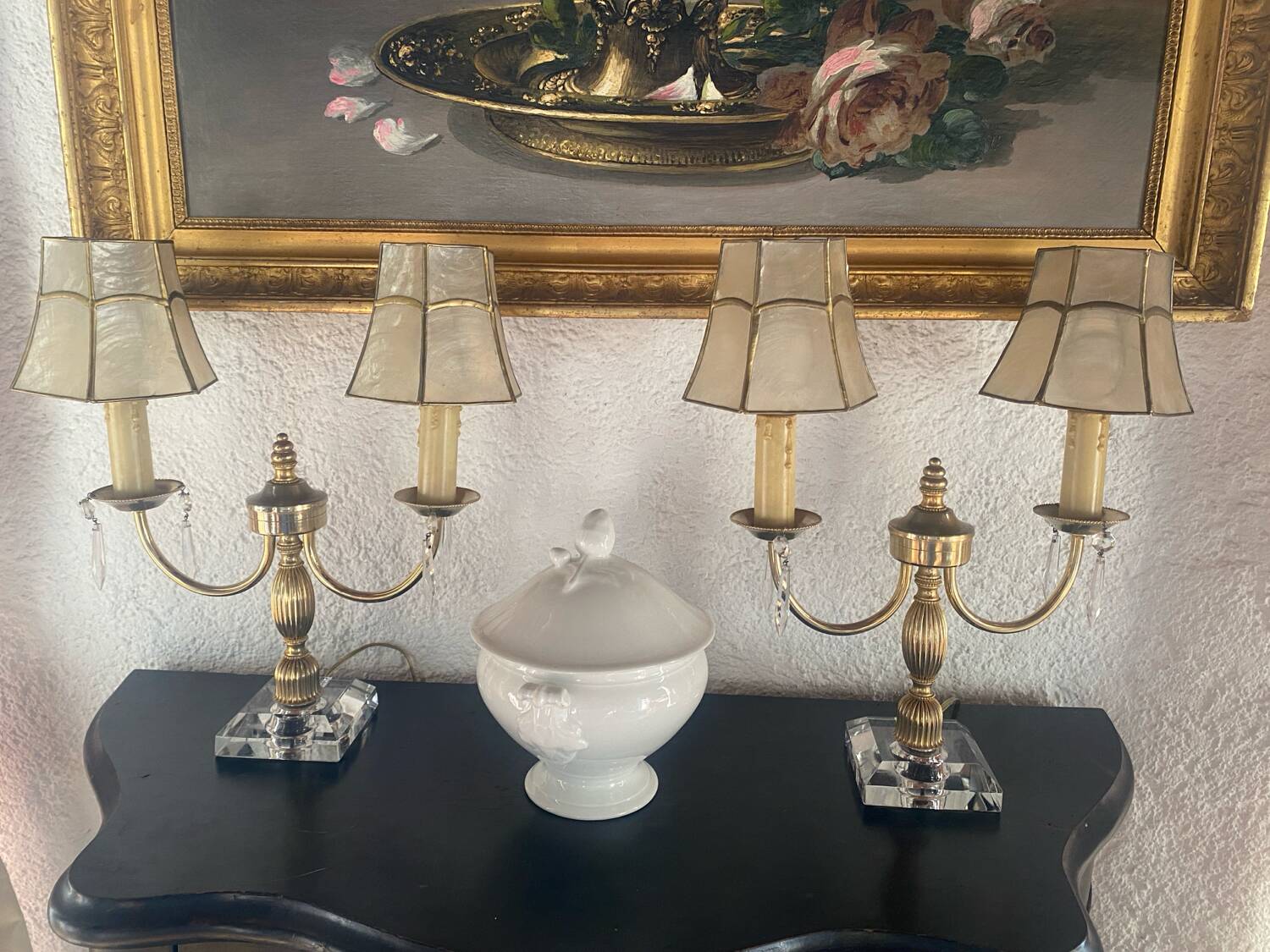 Set of 2 crystal lamps with mother-of-pearl shades