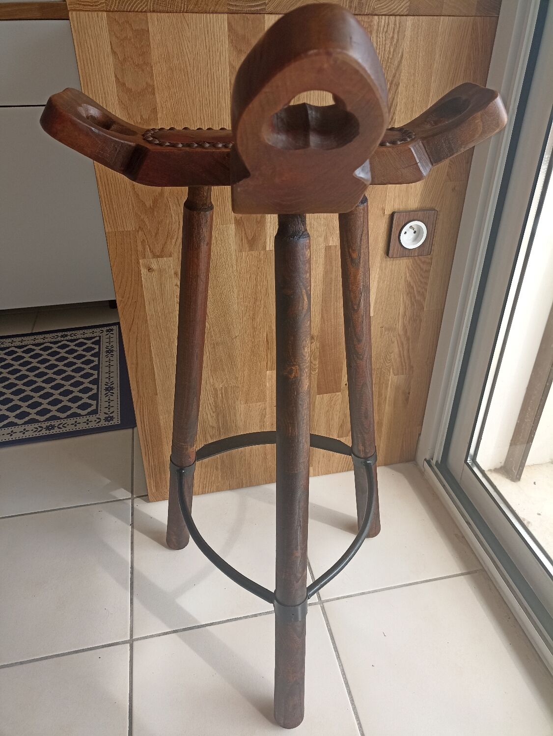 Brutalist bar stool wood and leather